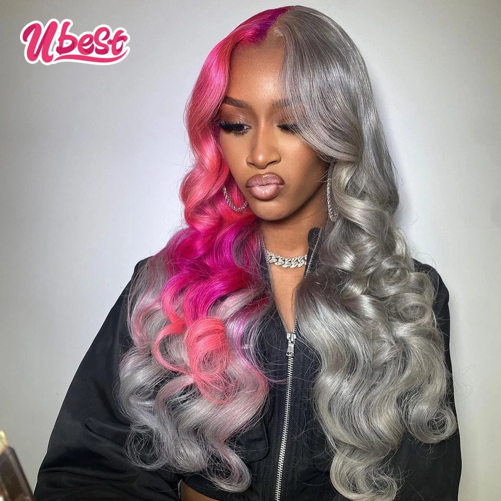 13x6 Pink Splice Silver Body Wave Lace Front Human Hair Wig 180% Brazilian for Baddies