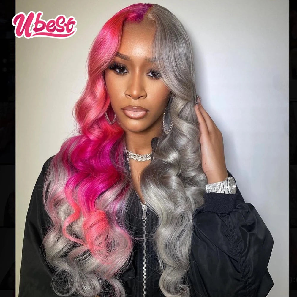 13x6 Pink Splice Silver Body Wave Lace Front Human Hair Wig 180% Brazilian for Baddies