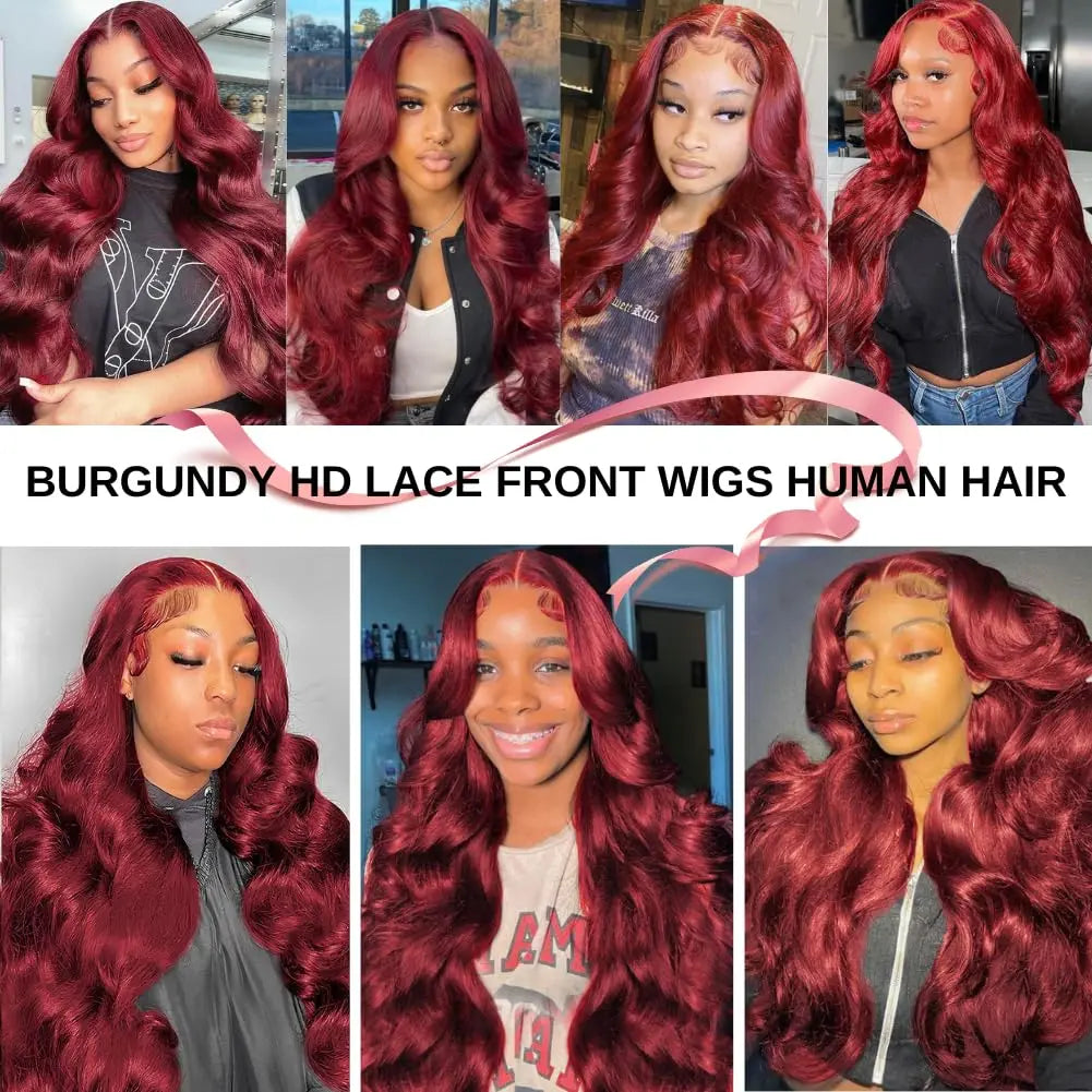 30 inch Burgundy Body Wave Lace Front Wigs Human Hair 99j 13x6 13x4 HD Lace Frontal Wig Brazilian Glueless Wig Red Colored Wig