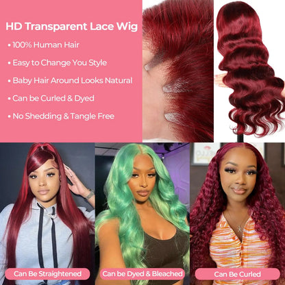 30 inch Burgundy Body Wave Lace Front Wigs Human Hair 99j 13x6 13x4 HD Lace Frontal Wig Brazilian Glueless Wig Red Colored Wig