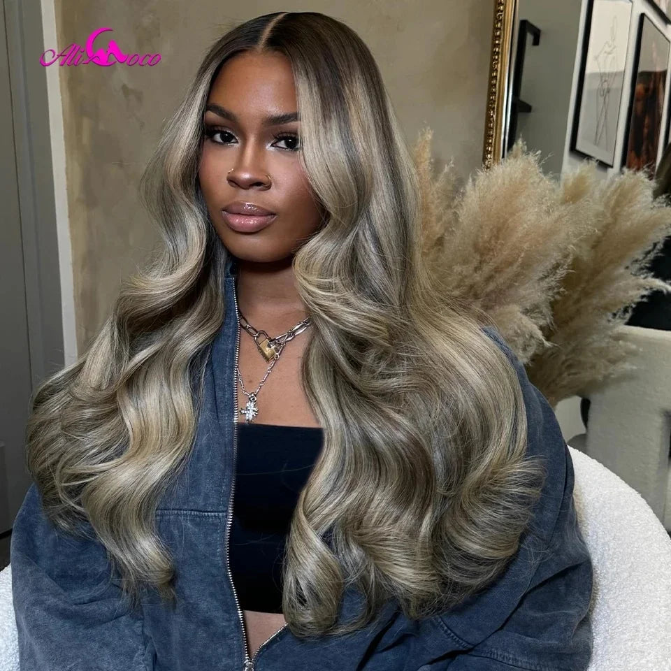 13x4 13x6 Ash Blonde Highlight Colored Transparent Lace Front Wigs Human Hair Body Wave Lace Frontal Wigs Pre Plucked For Women