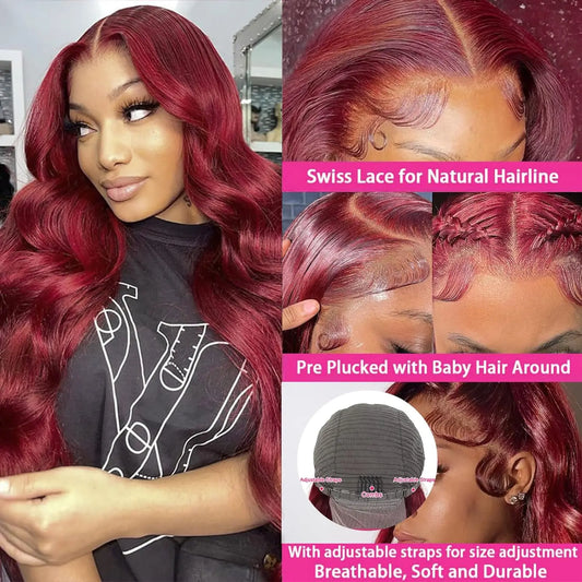 30 inch Burgundy Body Wave Lace Front Wigs Human Hair 99j 13x6 13x4 HD Lace Frontal Wig Brazilian Glueless Wig Red Colored Wig