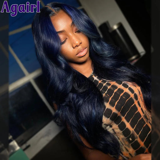 Midnight Blue 180% HD Transparent 13x4 13x6 Body Wave Lace Frontal Wig PrePlucked Glueless 6x4 Lace Closure Wavy Human Hair Wigs